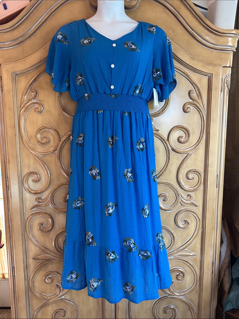 Royal Blue Embroidered Floral Smocked-Waist Midi Dress